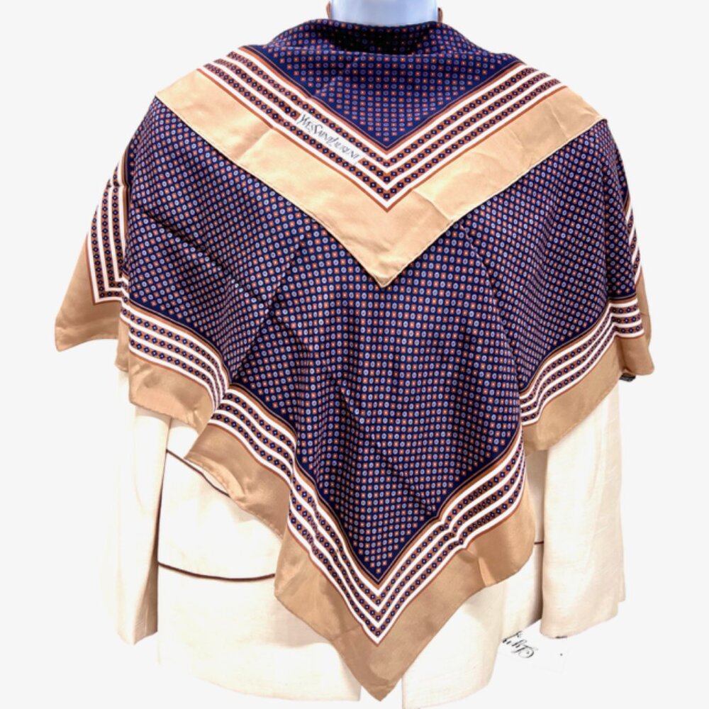 Beautiful Yves Saint Laurent  Silk Satin Scarf 31" Brown purple square Dots  (26 - Picture 4 of 12